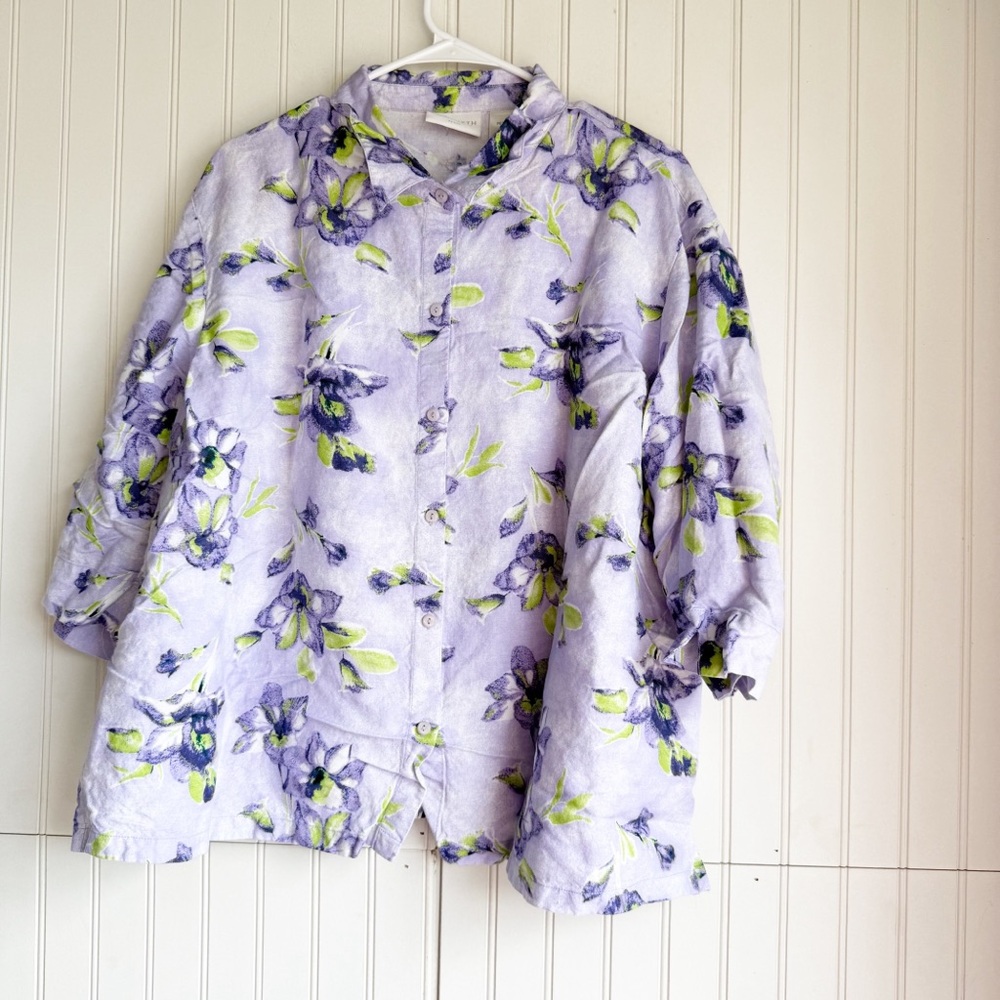 Elizabeth by Liz Claiborne Size Petite 3X Purple Floral Linen Blouse